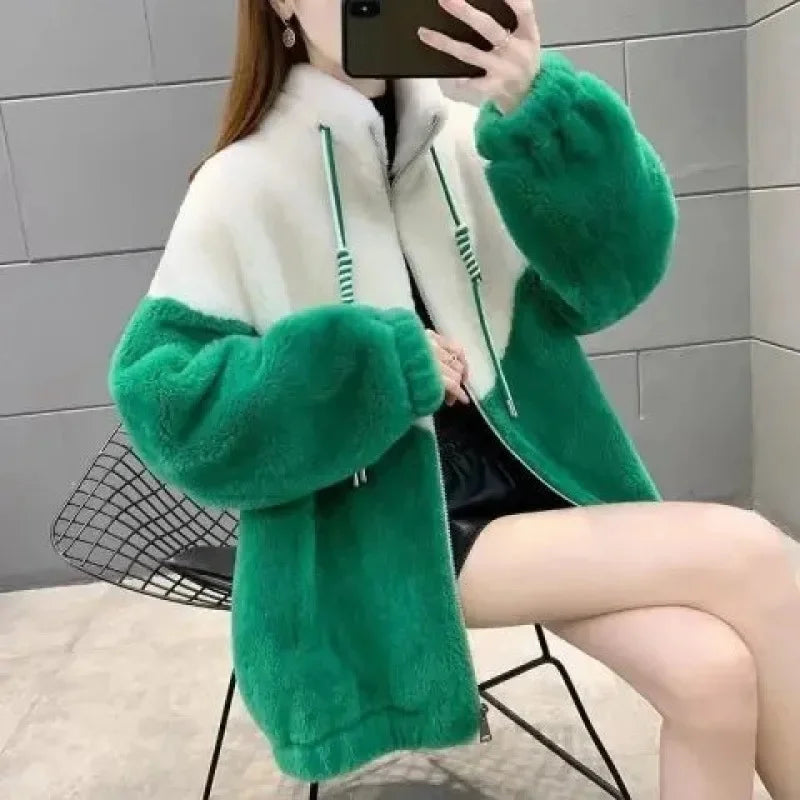 Thickened Hooded Cotton Jacket Women's Warm Winter Fleece-Lined Mommy Style Outerwear