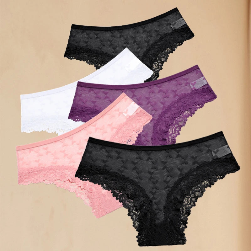 FINETOO 5PCS Women's Lace Hollow Out Panties Sexy Floral Solid Color Underwear Lingerie S-XL