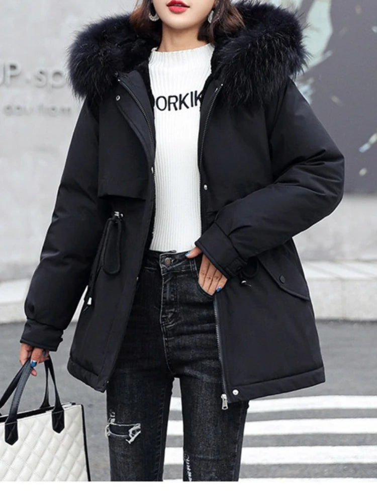 New Women Parka Long Coat with Wool Liner, Hooded Winter Jacket, Slim Fit with Fur Collar, Warm Snow Wear Padded Clothes