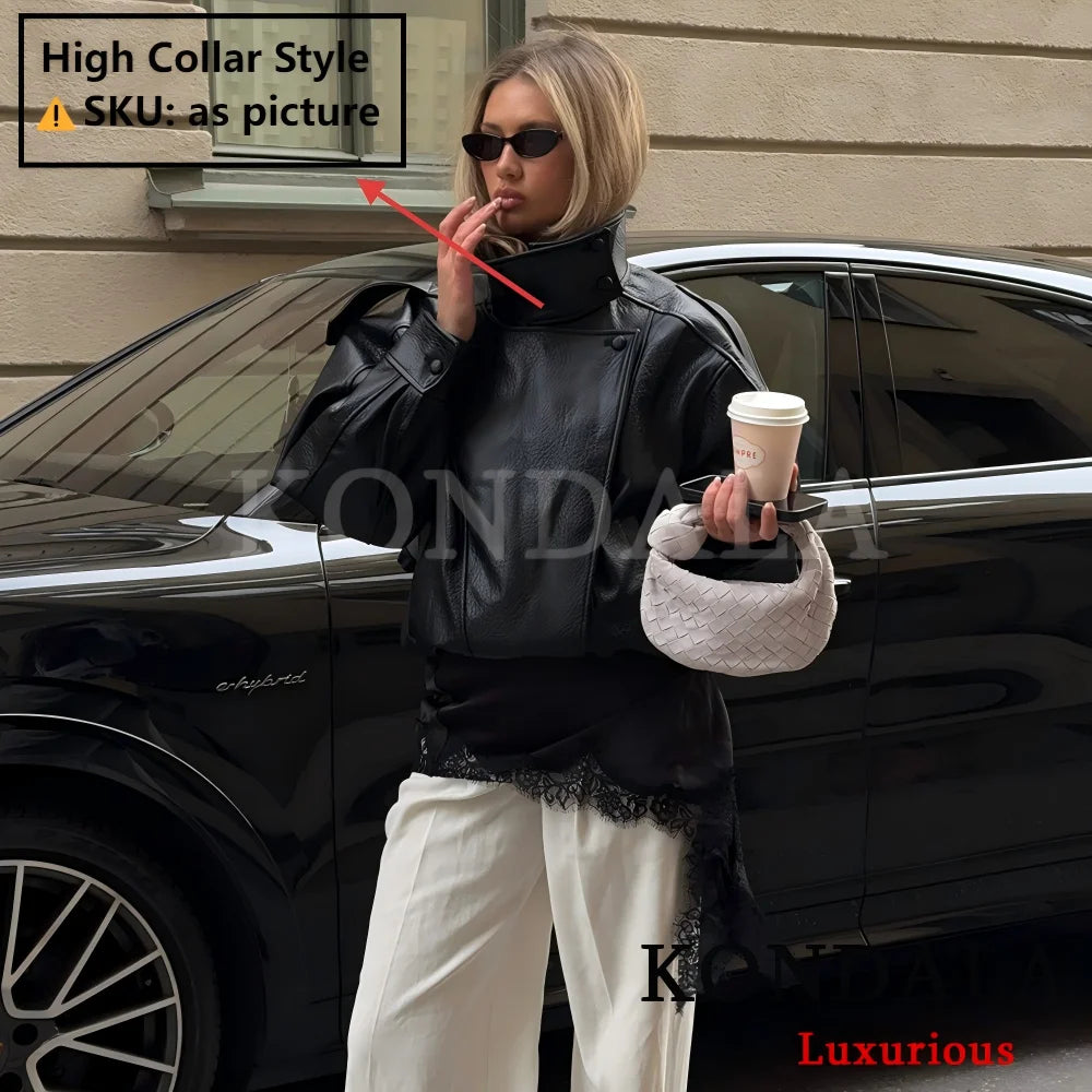 KONDALA Casual Chic Black Faux Leather Jacket Women Long Sleeve Button Oversized Coat 2025 Fall Streetwear