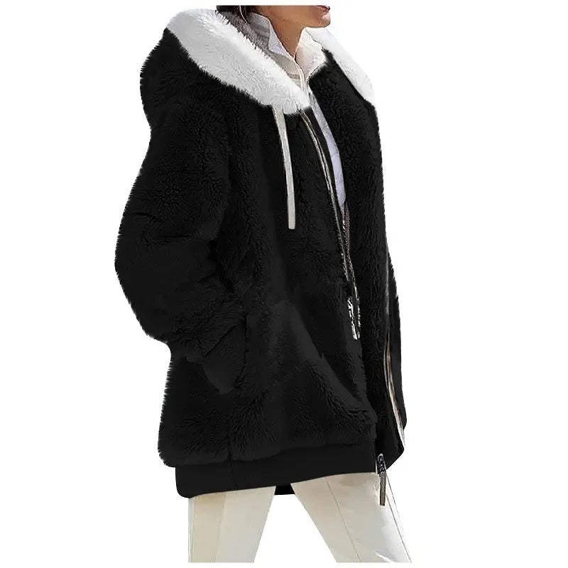 Damen-Freizeitjacke mit Kapuze und Reißverschluss aus Kaschmir-Fleece, einfarbig, für Herbst und Winter