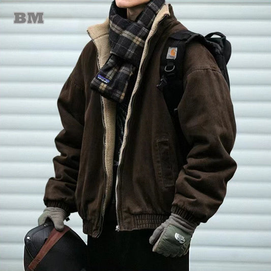 Men’s Japanese Vintage Polar Fleece Jacket – Thick Warm Korean Streetwear Coat for Winter