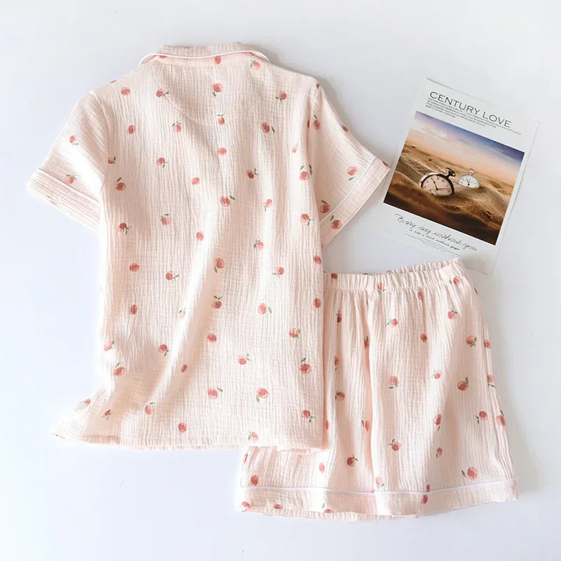2025 Summer Women's Pajama Set | 100% Cotton Crepe Short Sleeve & Shorts | Thin Loose Two Piece Homewear for Spring & Autumn