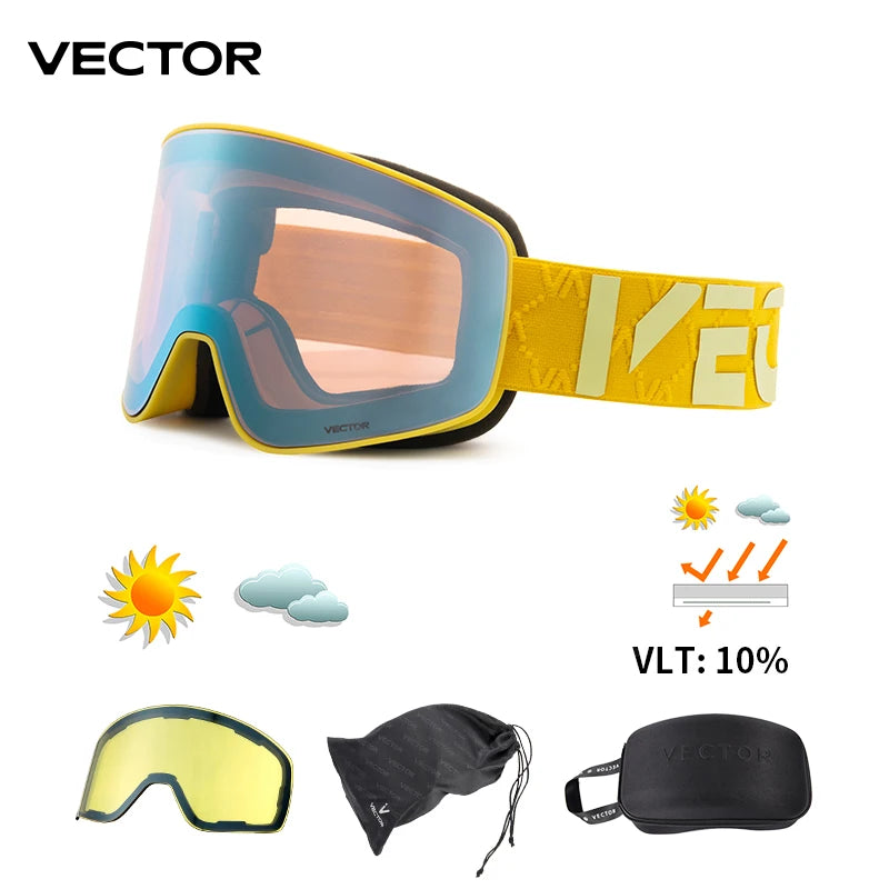 VECTOR Double-Layer Ski Goggles – Anti-Fog Magnetic Absorption Cylindrical UV400 Glasses for Men & Women, Snowboard & Ski POC Eyewear