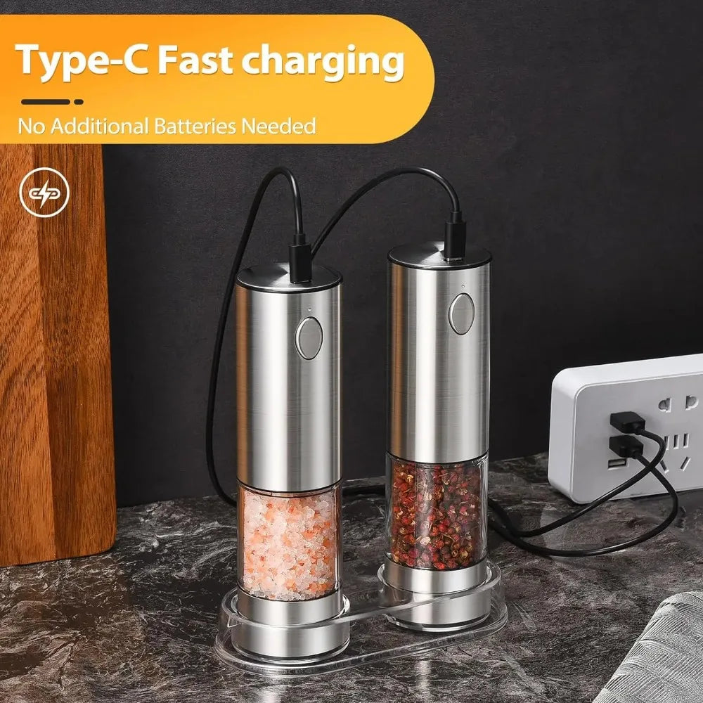 Electric Salt and Pepper Grinder Set USB Rechargeable Adjustable Coarseness LED