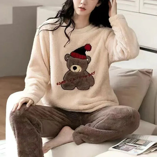 Thickened Warm Women's Pajama Set | Coral Velvet Top & Pants with Cartoon Bear | Large Size Fall & Winter 2-Piece Set
