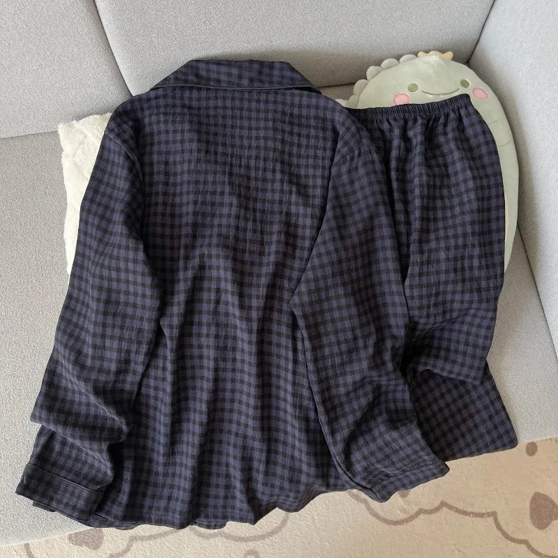 Autumn Women's Plaid Pajama Set | Korean Style Embroidered Dog 2-Piece Soft Vintage Sleepwear