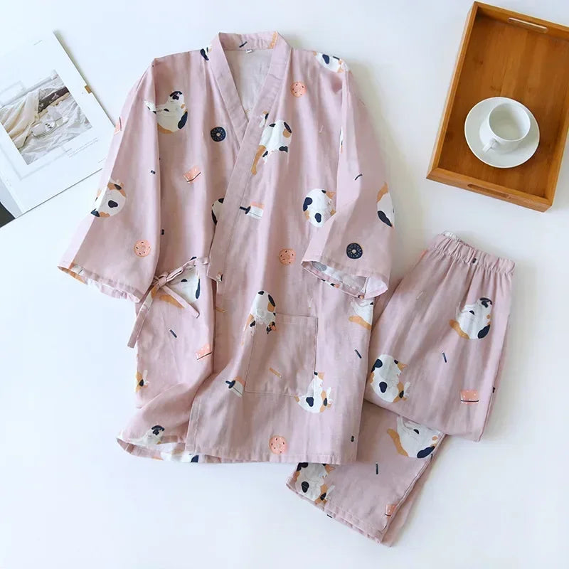 2025 Japanese Style Women's Kimono Pajama Set | 100% Cotton Gauze Seven Sleeve Two-Piece | Cute Spring & Autumn Homewear