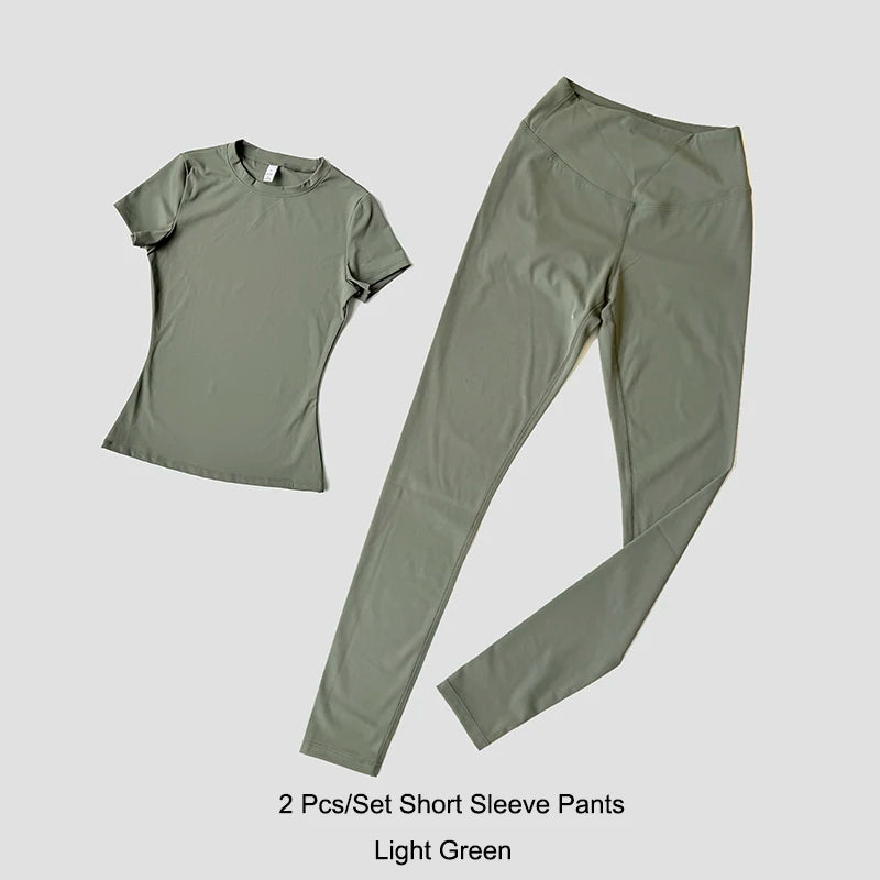 Quick-Drying Gym Leggings Set – Breathable Stretchy Slim Fitness Sport Suit with Short Sleeve Active Top