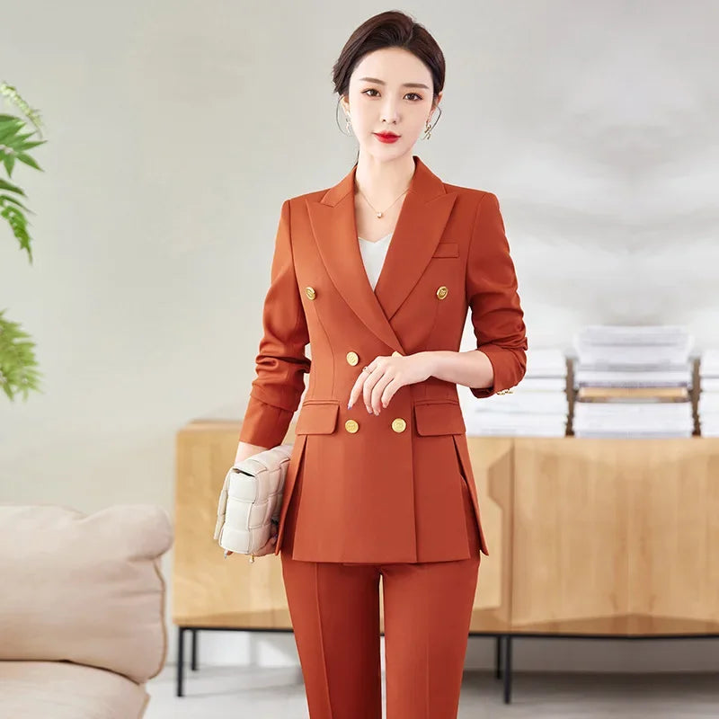 Women’s Khaki Western-Style Suit – Professional Double-Button Jacket Workwear