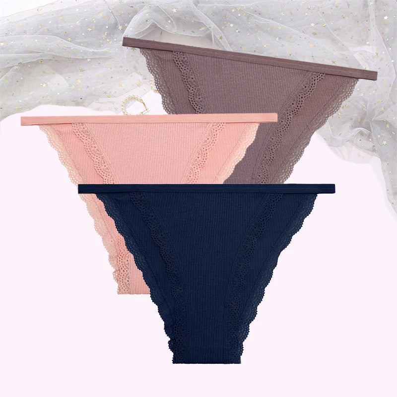 FINETOO Women's Cotton Lace Panties 3PCS Set S-XL Comfortable Soft Underwear Intimates