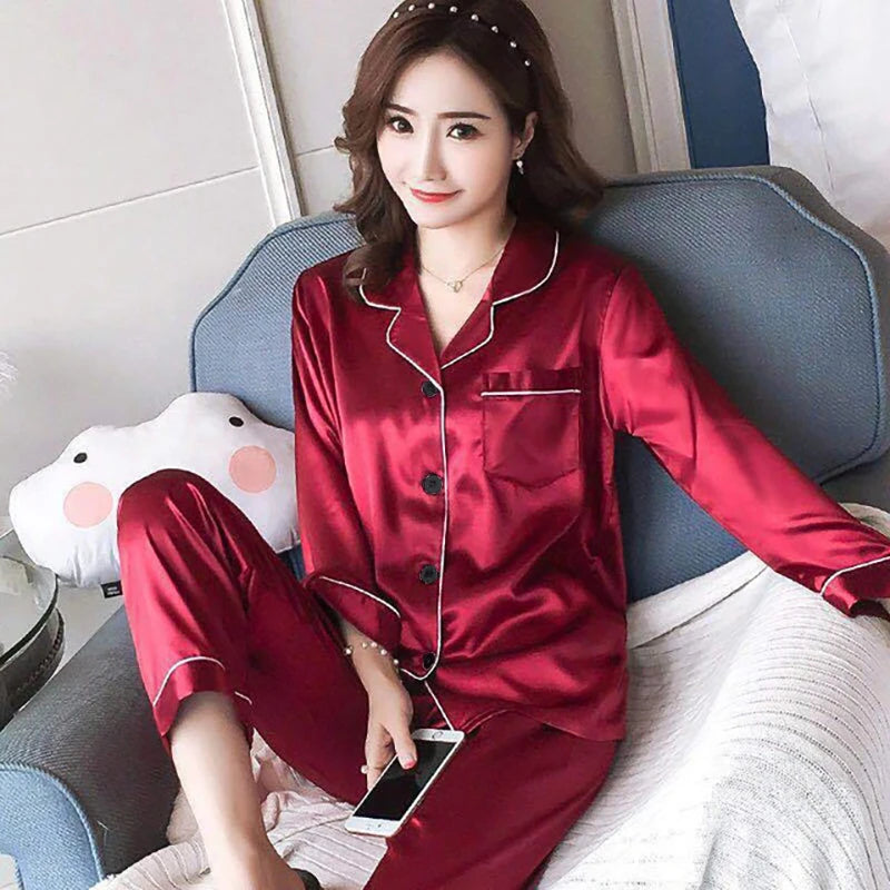 Women's Autumn Satin Pajama Set | Long Sleeve Button Lapel Top & Pants 2-Piece Comfortable Sleepwear