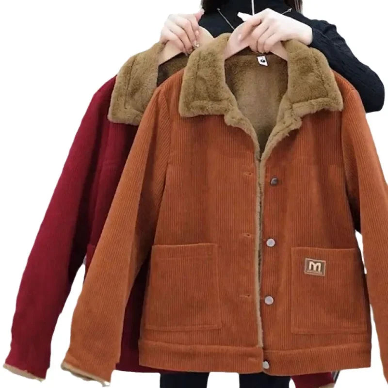 Warm Fleece-Lined Jacket for Middle-Aged & Elderly Women Slim Loose Fit Autumn Winter Fashion