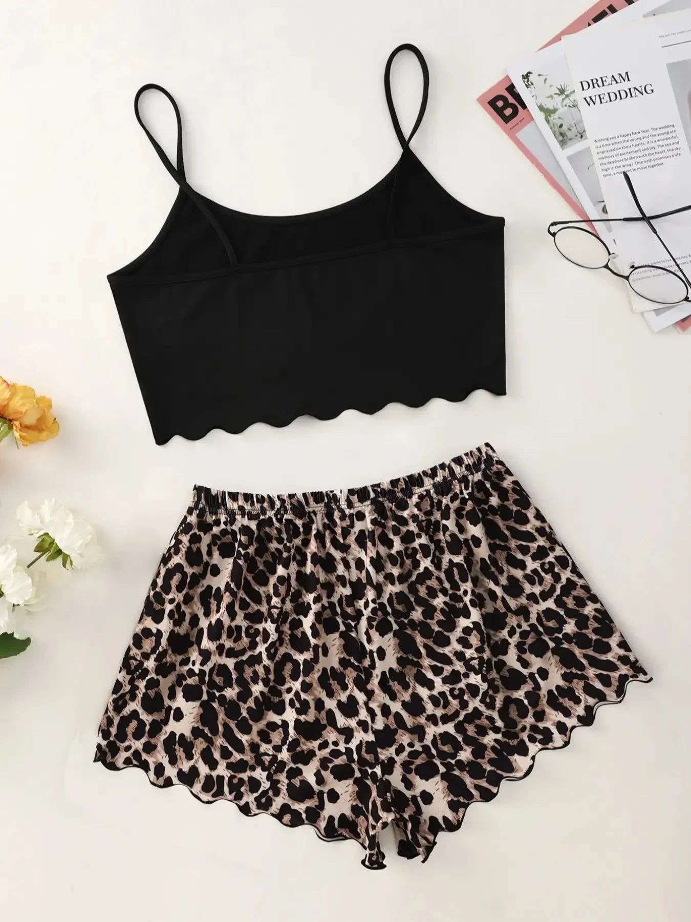 Women’s Pajamas Set – Sexy Leopard Print Lingerie Sleepwear, V-Neck Sleeveless Top & Shorts Homewear