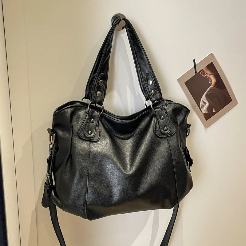 Large Capacity Black Shoulder Bag for Women – Soft Leather Tote, Crossbody Shopper & Travel Handbag