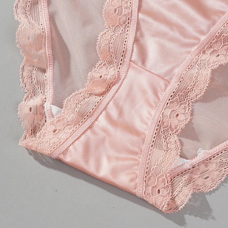 2PCS Women's Mesh Satin Ice Silk Low Rise Panties Soft Breathable Sexy Lace Underwear