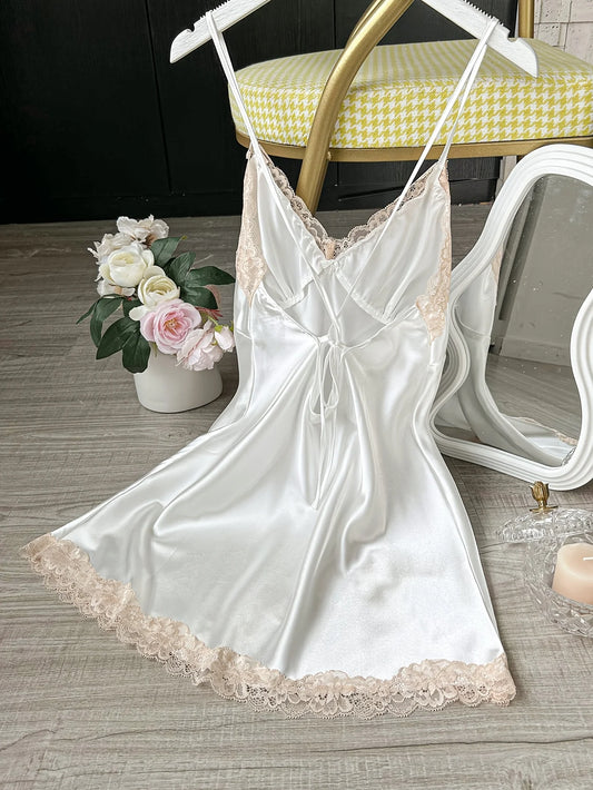 Women’s Satin V-Neck Chemise – Lace Trim Sexy Mini Nightdress, 1-Piece Sleepwear