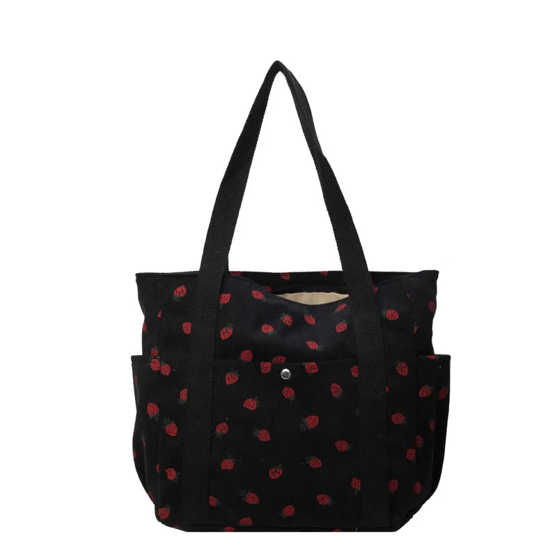 Women’s Strawberry Corduroy Handbag • Cute Fashion Shoulder Tote • Versatile Casual & Commuter Bag