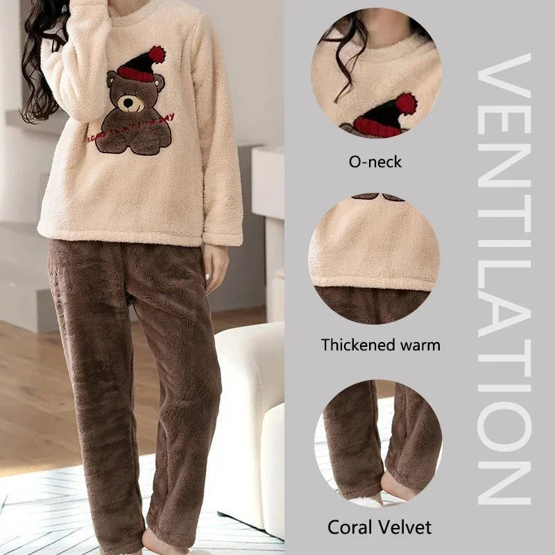 Thickened Warm Women's Pajama Set | Coral Velvet Top & Pants with Cartoon Bear | Large Size Fall & Winter 2-Piece Set