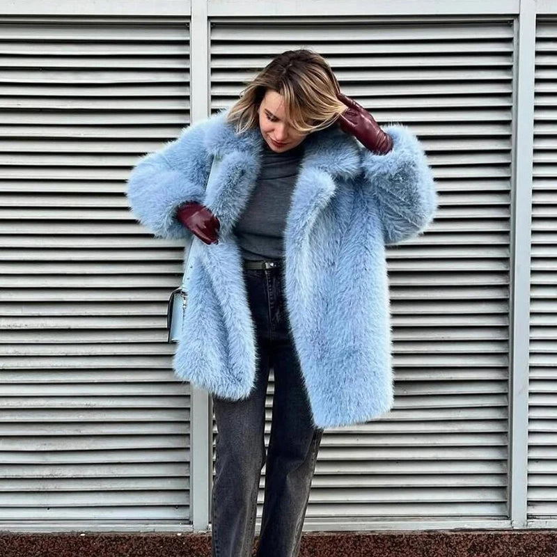 Neo Mint Women Winter 2024 Luxury Faux Fur Coat Thick Warm Solid Long Fox Fur Jacket