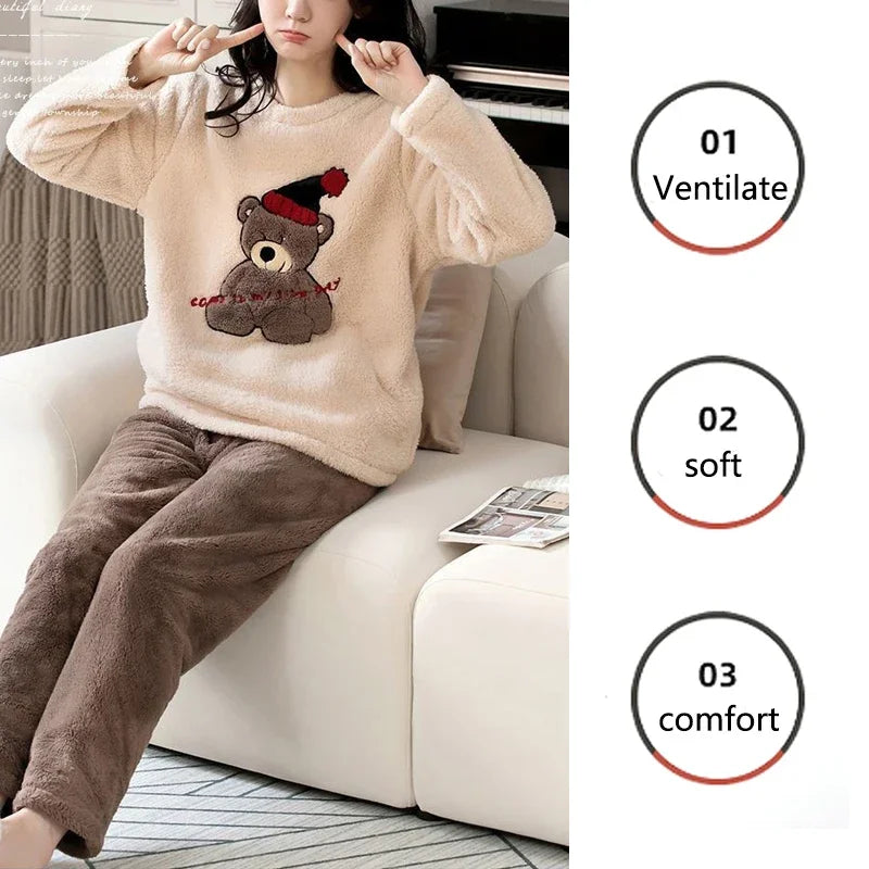 Thickened Warm Women's Pajama Set | Coral Velvet Top & Pants with Cartoon Bear | Large Size Fall & Winter 2-Piece Set