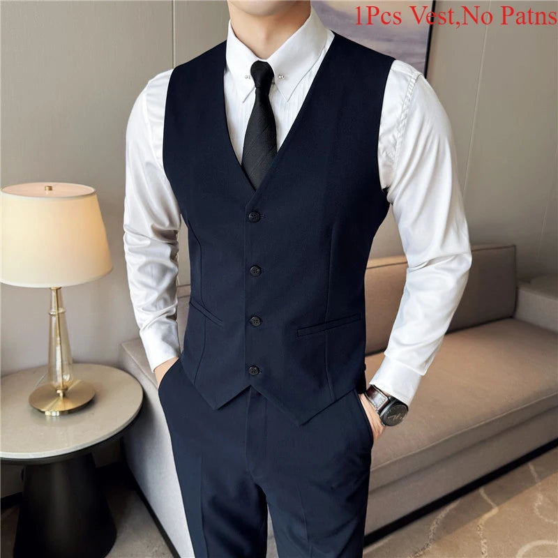 Men's High-End Solid Color Vest – S-7XL Casual Business & Groom Wedding Waistcoat