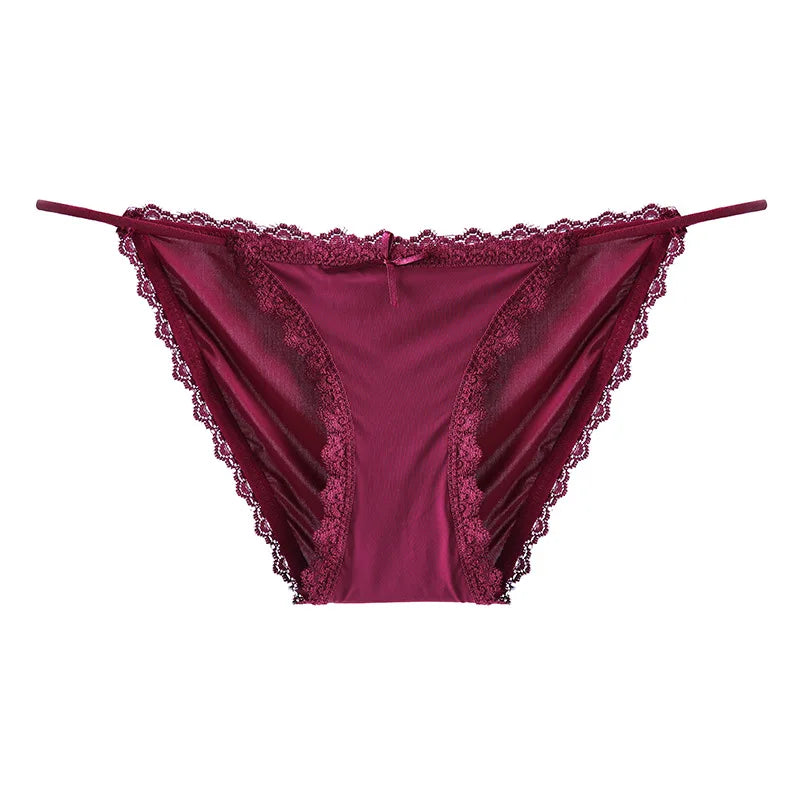 Ice Silk Women's Lace Low Waist Sexy Thong Panties Solid Color Bikini G-String Lingerie