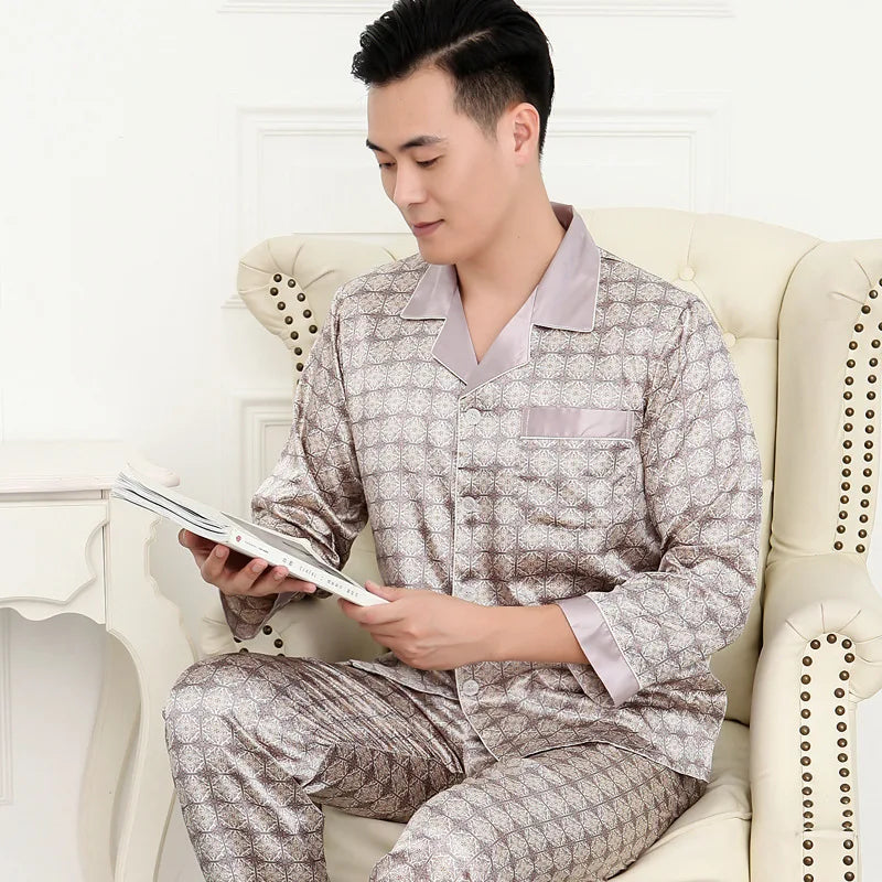 Men's High Quality Pajama Set | Spring & Autumn Thin Ice Silk Polyester Sleepwear | Long Sleeve Plus Size Summer Homewear
