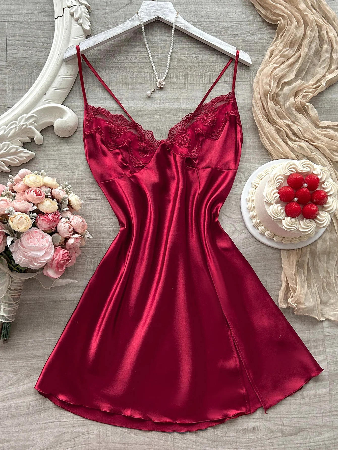 Women's Satin Nightdress | V-Neck with Lace Slit Design | Comfortable Elegant Sleepwear Pajamas