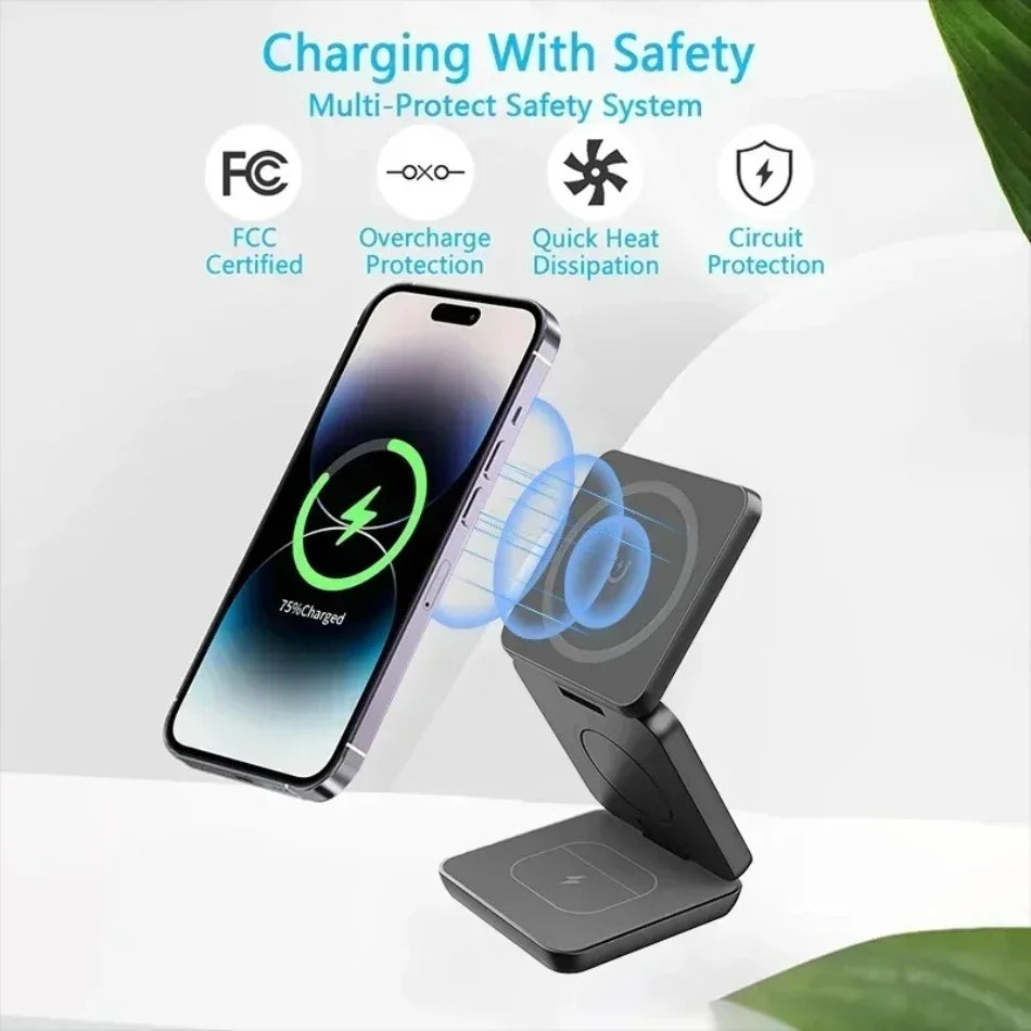 3-in-1 Foldable Magnetic Wireless Charger Stand – Fast Charging Dock for iPhone 13/14/15/16 Pro Max, Apple Watch & AirPods