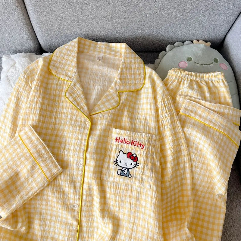 Autumn Women's Hello Kitty Pajama Set | Harajuku Style Plaid 2-Piece Cute Cartoon Sleepwear