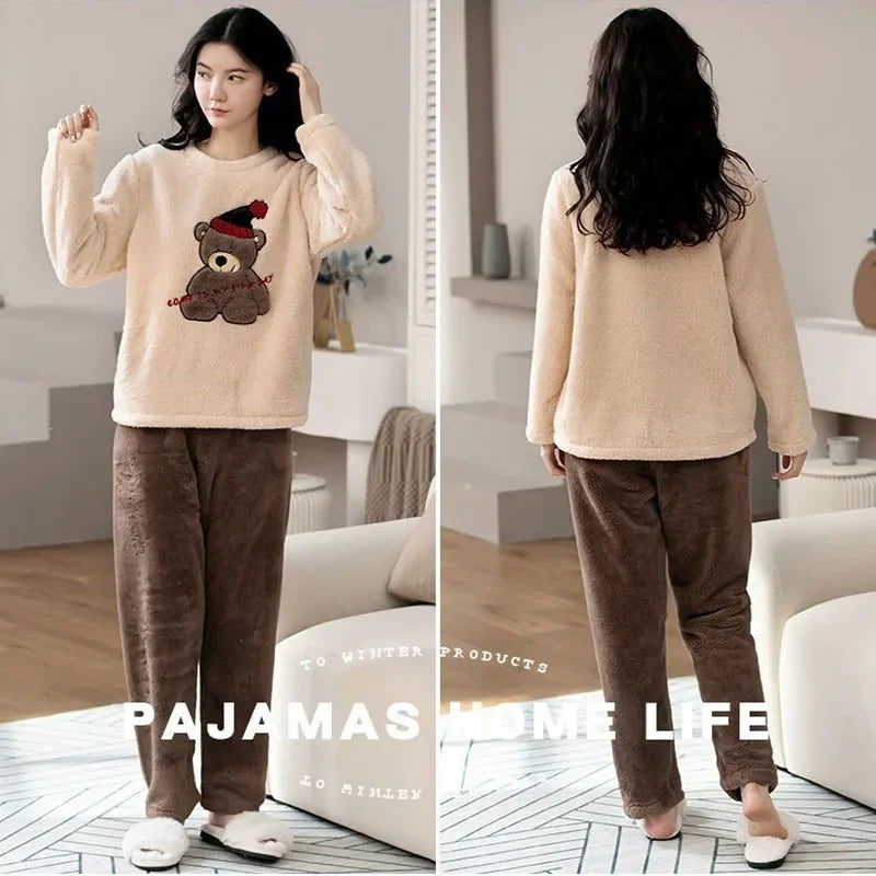 Thickened Warm Women's Pajama Set | Coral Velvet Top & Pants with Cartoon Bear | Large Size Fall & Winter 2-Piece Set