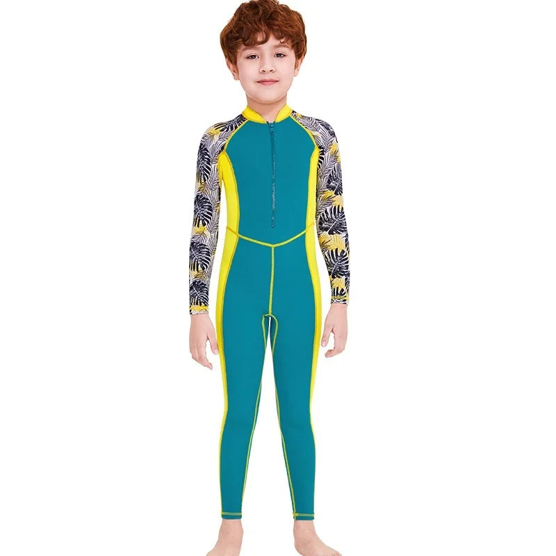 Boys One-Piece Swimsuit Long Sleeve Sun Protection Kids Swimwear with Cap