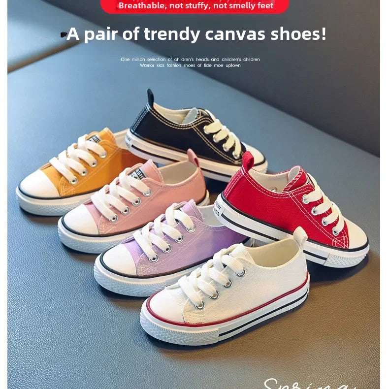 Spring Children’s Low-Top Canvas Shoes – White & Candy Colors | Parent-Child Casual Board Sneakers for Men, Women & Kids