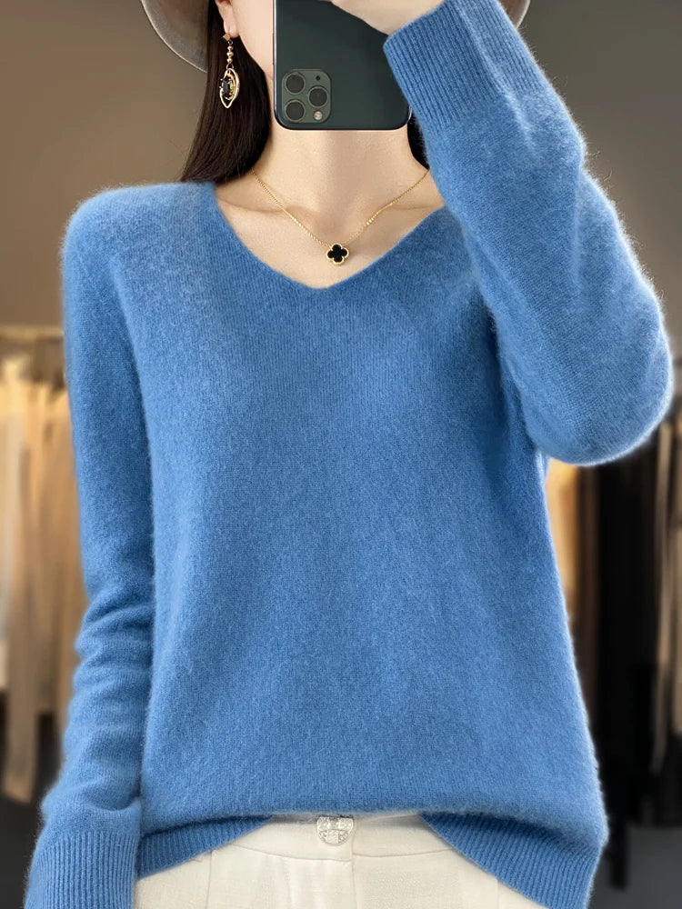 Fashion 100% Merino Wool Cashmere V-Neck Sweater Women Long Sleeve Autumn Winter Knitwear