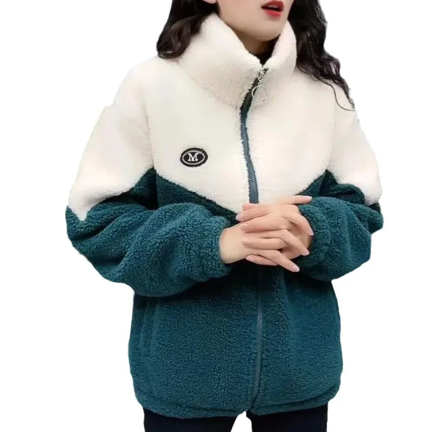 Women Colored Thickened Lamb Fleece Jacket Long Sleeve Mid-Length Quilted Overcoat Autumn Winter