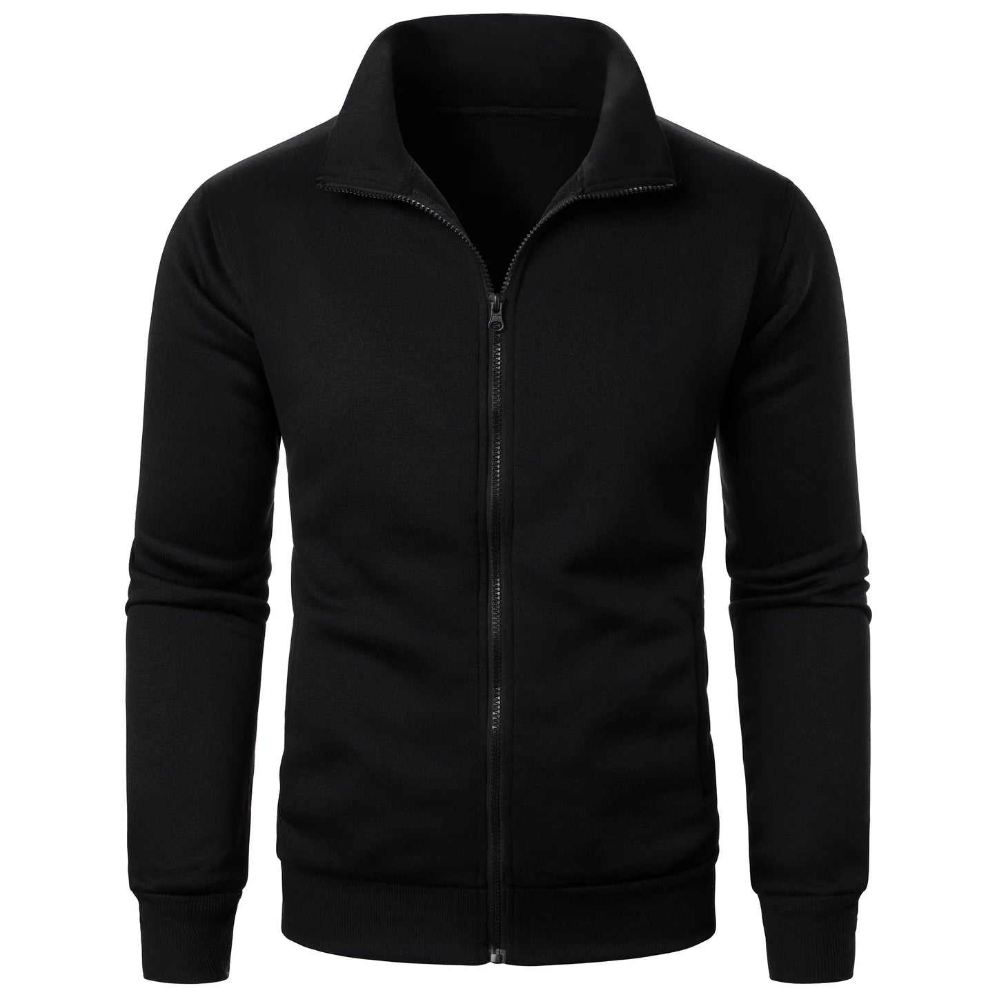 Men’s Casual Sports Jacket – Solid Color Zipper Stand-Up Collar Coat
