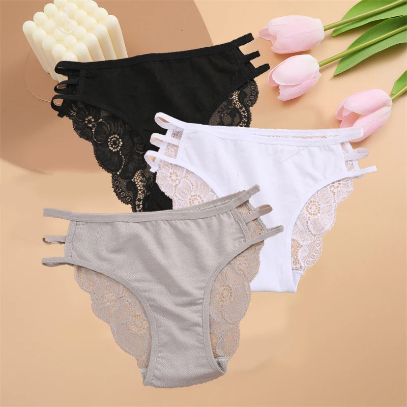 FINETOO 3PCS Women's Lace Floral Low-Waist Triple Belt Panties Soft Sexy Lingerie Underwear