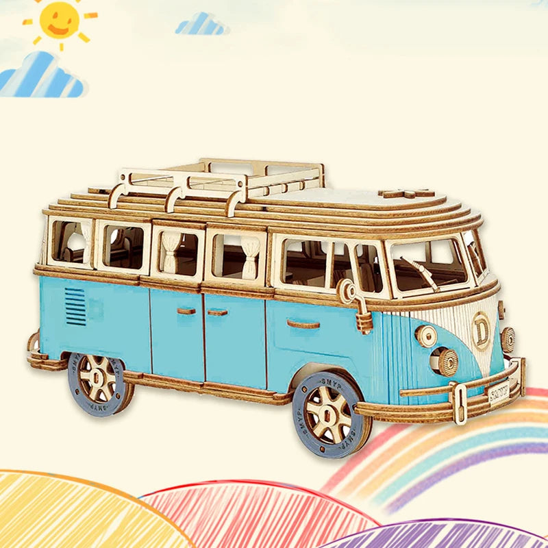 Retro Bus & European-Style Campervan 3D Wooden Puzzle – DIY Car, Airplane & Sailing Ship Model Toy for Kids