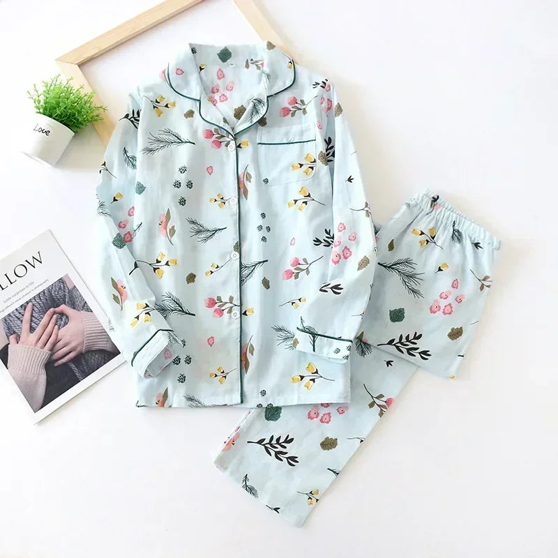 2025 Kimono Femme Maple Leaf Pajama Set | 100% Gauze Cotton Long Sleeve Sleepwear for Women | Autumn Pyjamas Hot Sale