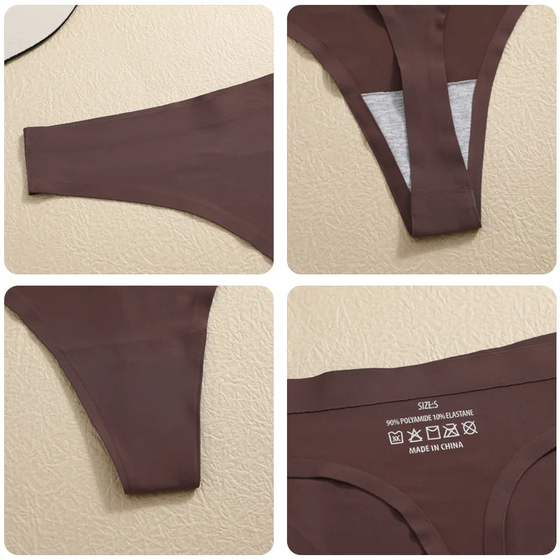 FINETOO 4PCS Women's Ice Silk Seamless Low Waist Thongs Sexy Solid Color Stretch Lingerie