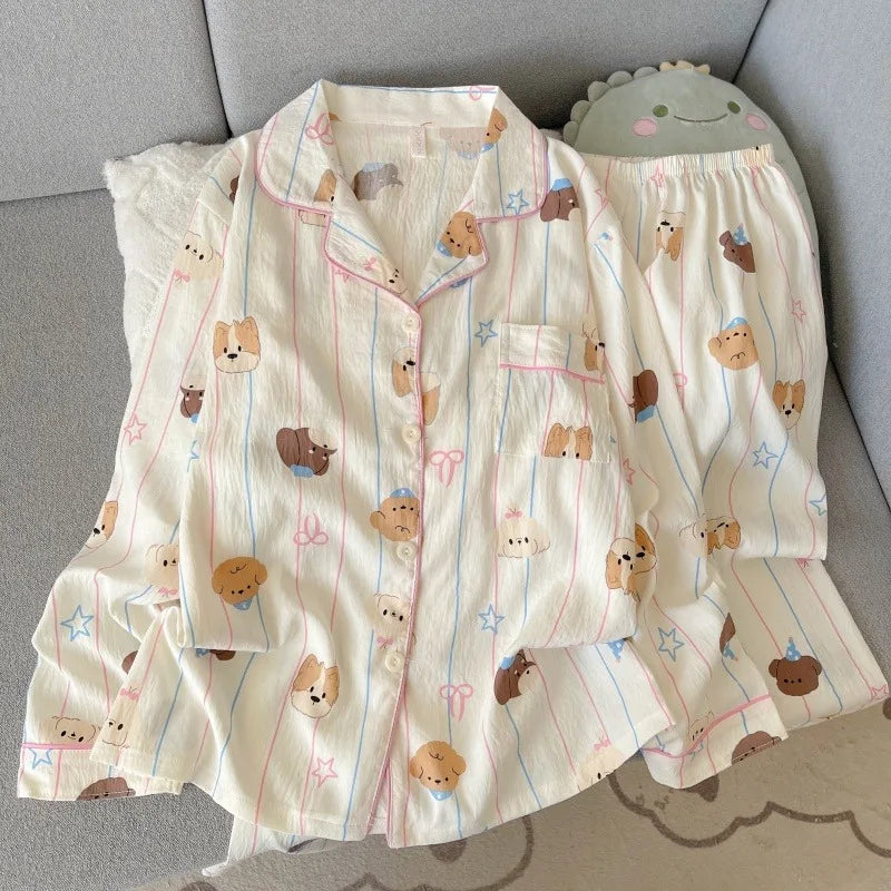 Autumn Women's Kawaii Pajama Set | Harajuku Style Line Star Dog Print 2-Piece Cute Loungewear