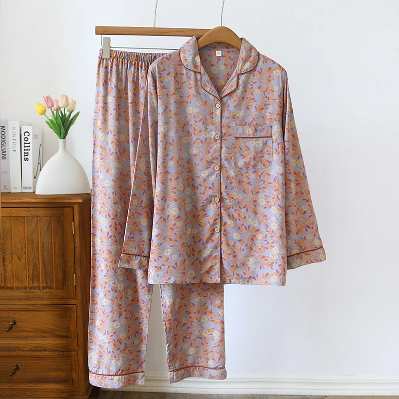Two Piece Pajama Set for Women | Long Sleeve Viscose Cotton Sleepwear Suit | Spring & Autumn Home Clothes