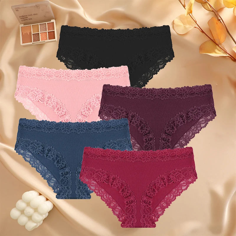 5PCS Set Women's Sexy Lace Cotton Low Rise Floral Panties Seamless Soft Breathable Underwear S-XL