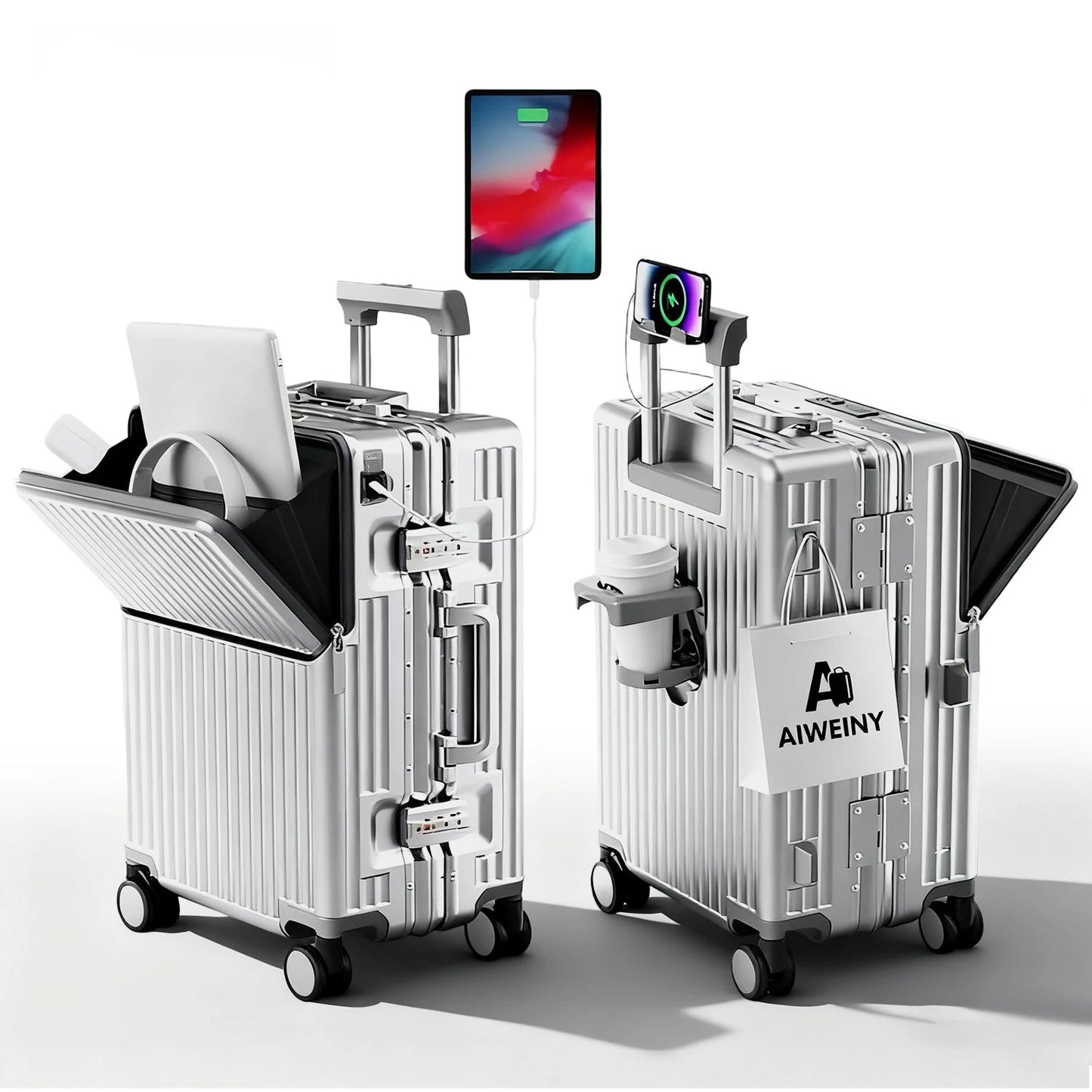 Silver suitcase with open compartments and 'AIWEINY' branding on a white background