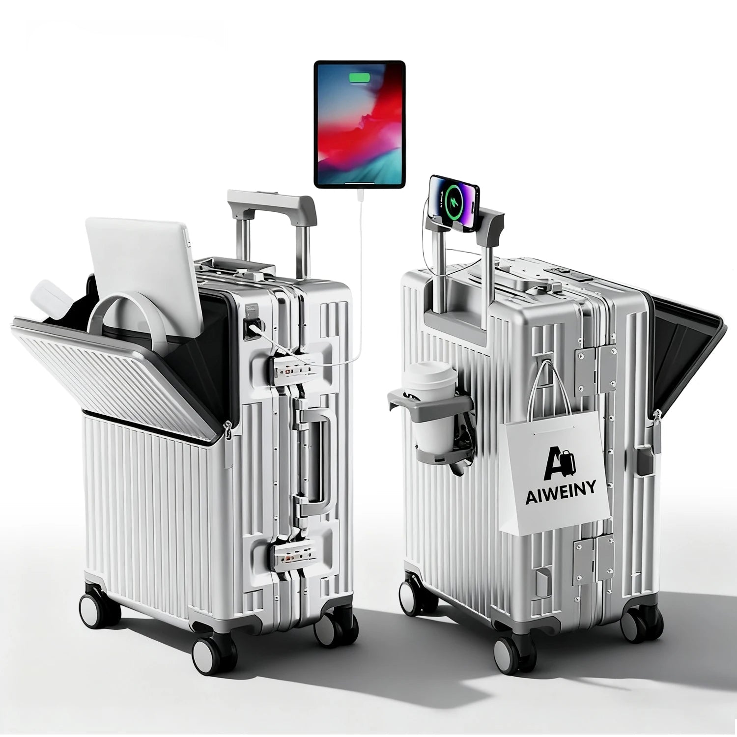 Silver suitcase with open compartments and 'AIWEINY' branding on a white background