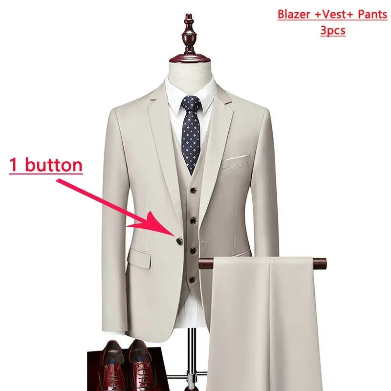 14 Color M-6XL Men's 3-Piece Formal Suit – Jacket, Vest & Pants for Business, Groom & Wedding