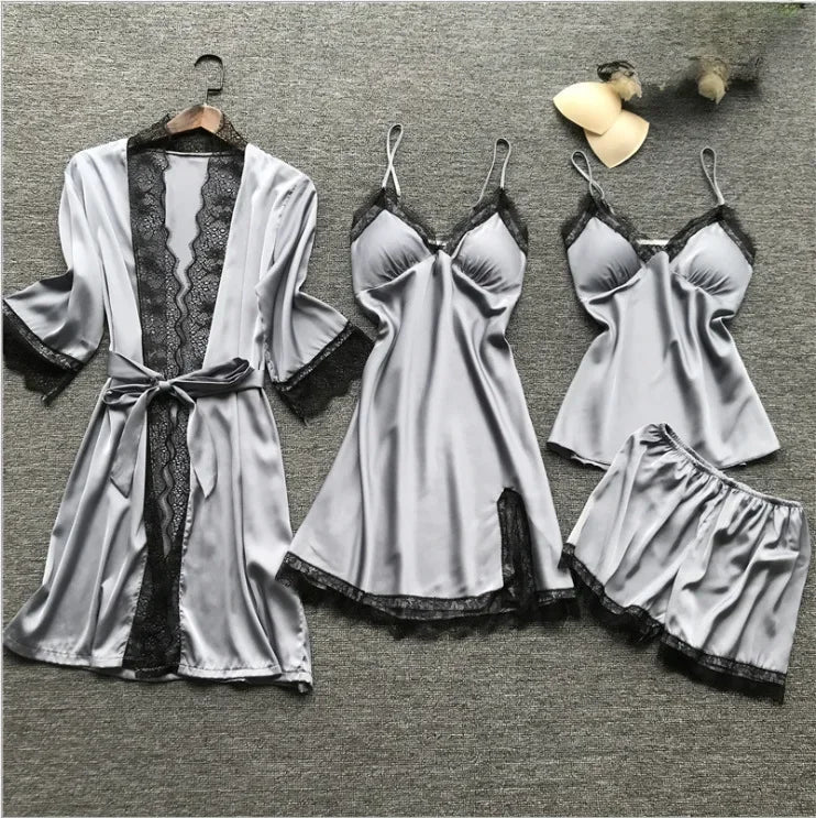Women's 4-Piece Sleepwear Set | Comfortable Tank Top & Robe | European Style Homewear with Chest Pad