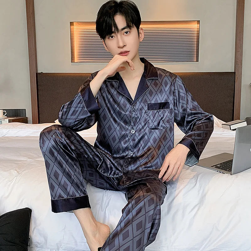 Men's High Quality Pajama Set | Spring & Autumn Thin Ice Silk Polyester Sleepwear | Long Sleeve Plus Size Summer Homewear
