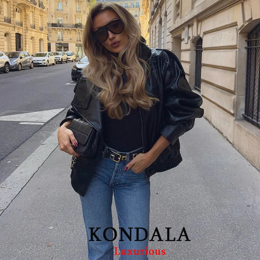 KONDALA Casual Chic Black Faux Leather Jacket Women Long Sleeve Button Oversized Coat 2025 Fall Streetwear